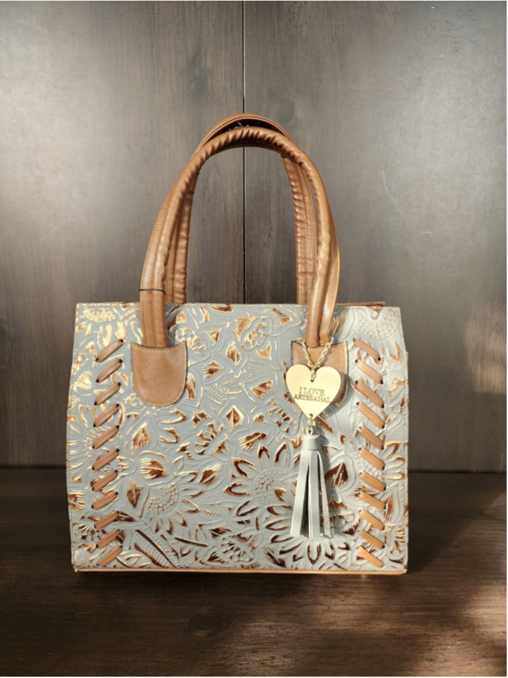 Sunflowers Blue Gray Bronze Stitched Embossed Tooled Artisan LEATHER Bag Purse - Picture 4 of 16